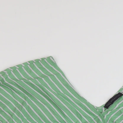 Marks & Spencer Womens Green Striped Cotton Basic Blouse Size 14 V-Neck
