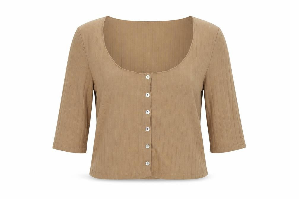 Stradivarius Womens Brown Polyester Cropped T-Shirt Size S Scoop Neck