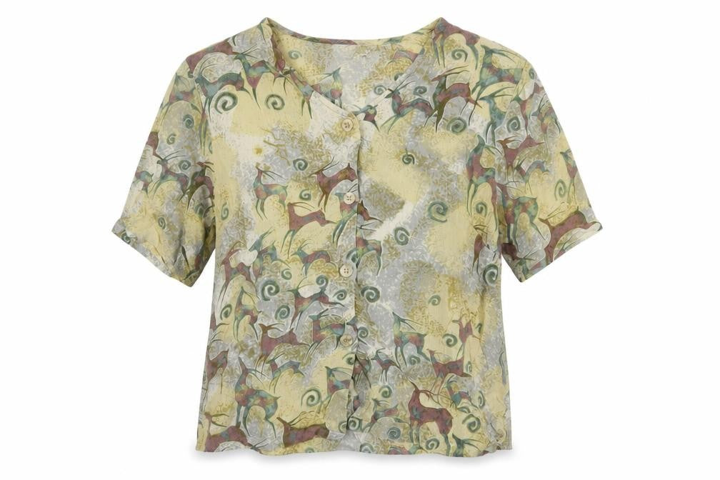 Adini Womens Beige Geometric Viscose Basic T-Shirt Size S V-Neck