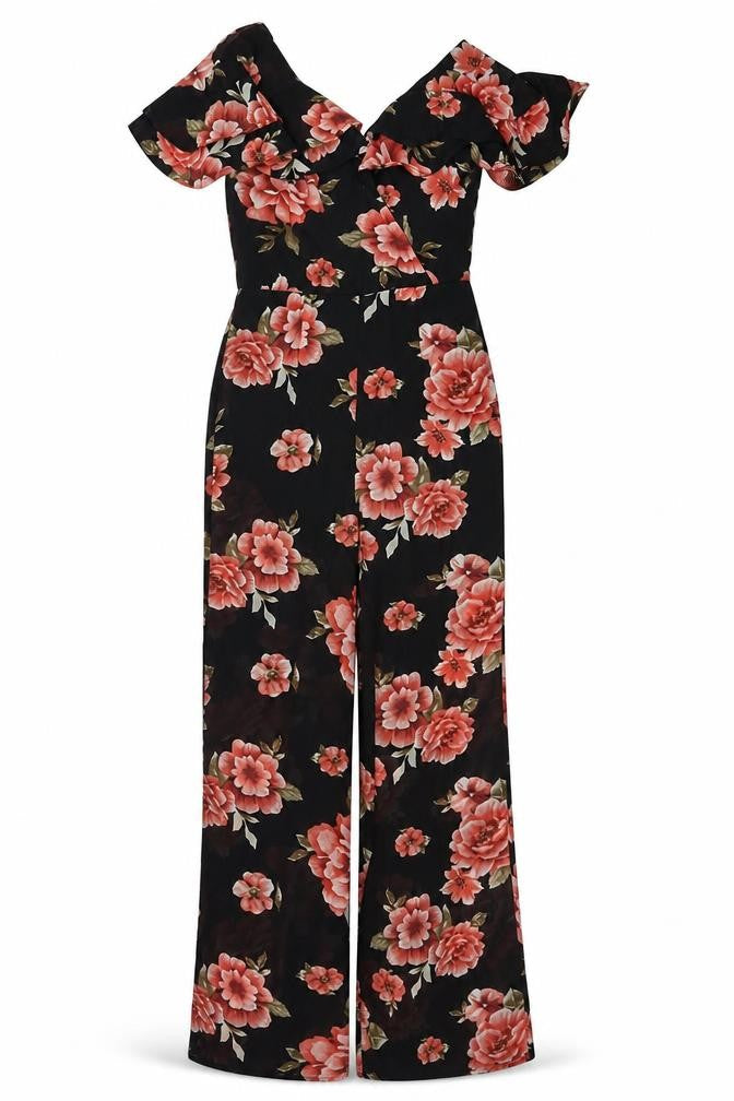 Select Womens Black Floral Polyester Jumpsuit One-Piece Size 6 Zip