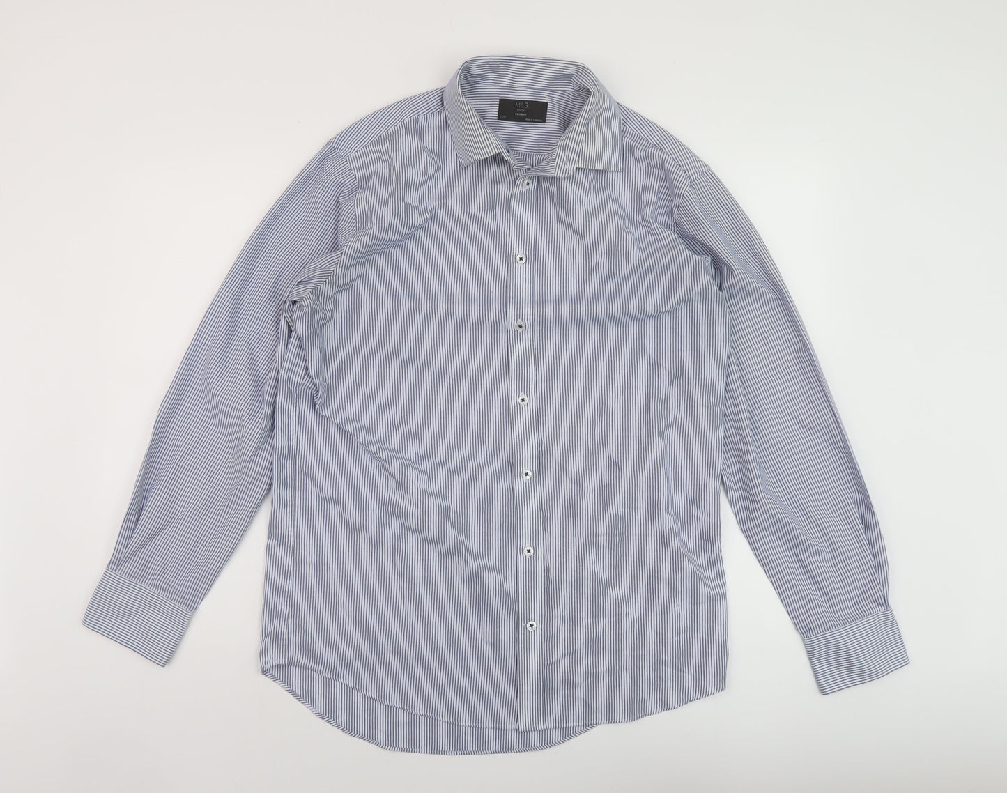 Marks and Spencer Mens Blue Striped Polyester Button-Up Size 15.5 Collared Button