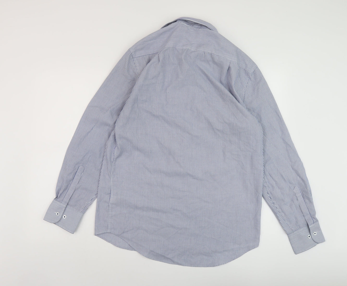 Marks and Spencer Mens Blue Striped Polyester Button-Up Size 15.5 Collared Button