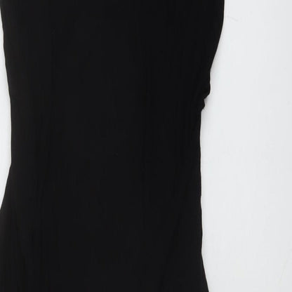 Close-up detail of ASOS women’s black viscose a-line, size UK 12, round neck pullover