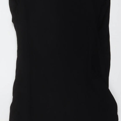 Brand and care label for ASOS women’s black viscose a-line, size UK 12, round neck pullover