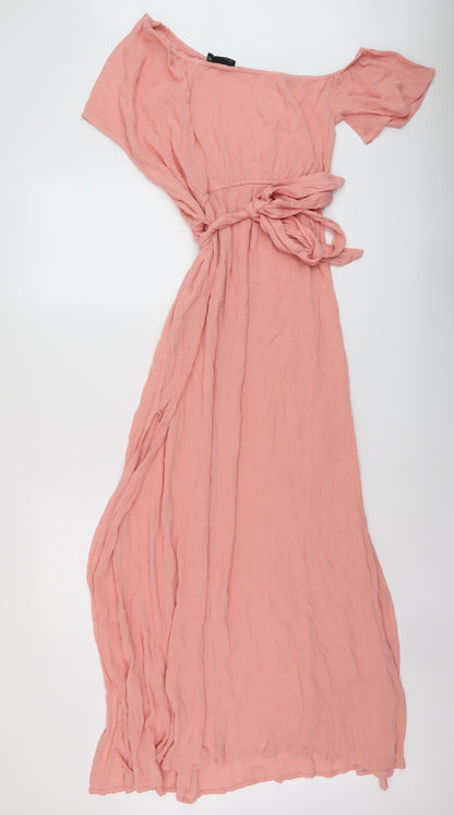 Back view of ASOS women’s pink viscose maxi, size UK 10, one shoulder pullover