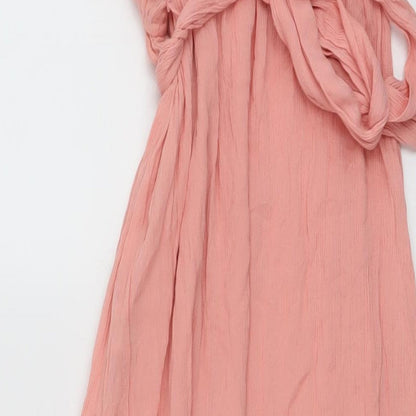 Brand and care label for ASOS women’s pink viscose maxi, size UK 10, one shoulder pullover