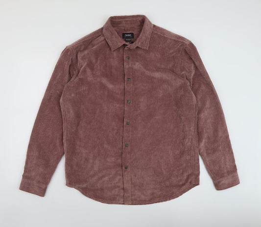 Stradivarius Mens Purple Polyester Button-Up Size L Collared Button
