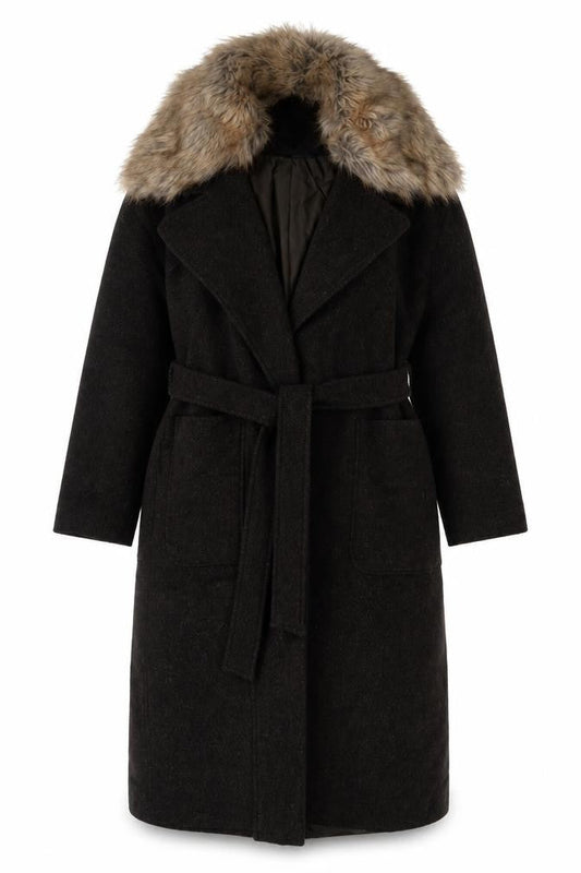 New Look Womens Green Overcoat Coat Size 10 Tie - Belted, Faux Fur