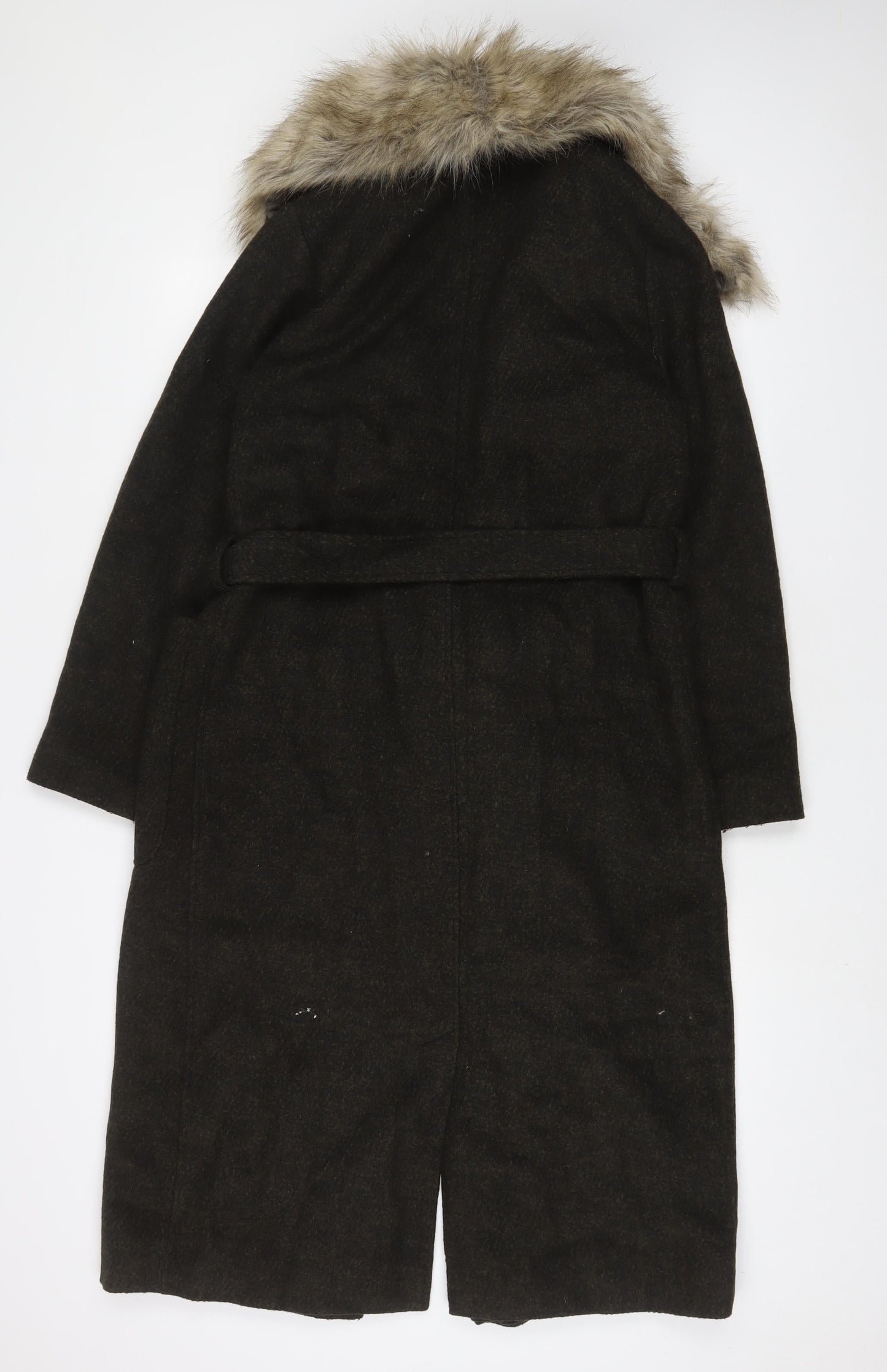New Look Womens Green Overcoat Coat Size 10 Tie - Belted, Faux Fur