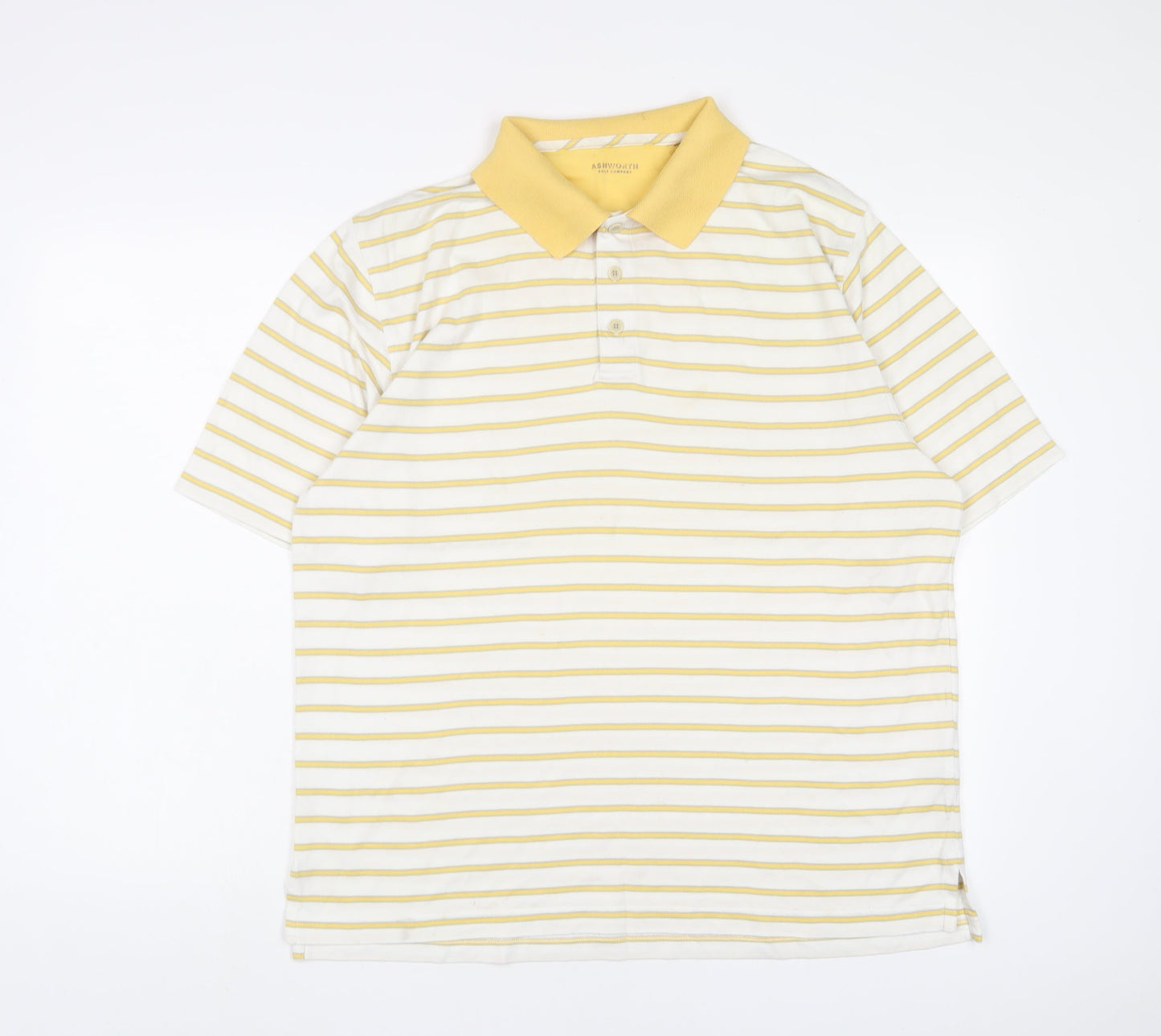 Ashworth Mens Yellow Striped Polyester Polo Size M Collared Button