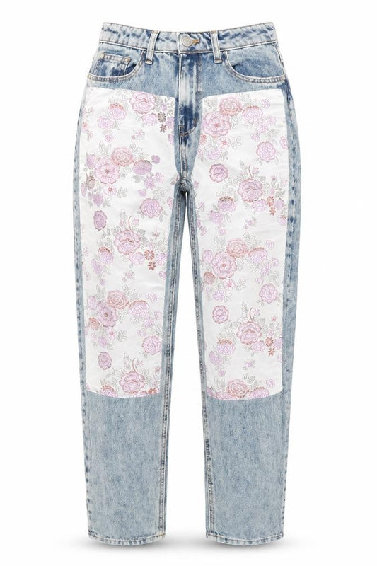 Berksha Womens Blue Floral Cotton Blend Straight Jeans Size 6 L28 in Regular Zip - Silky floral design to front legs.