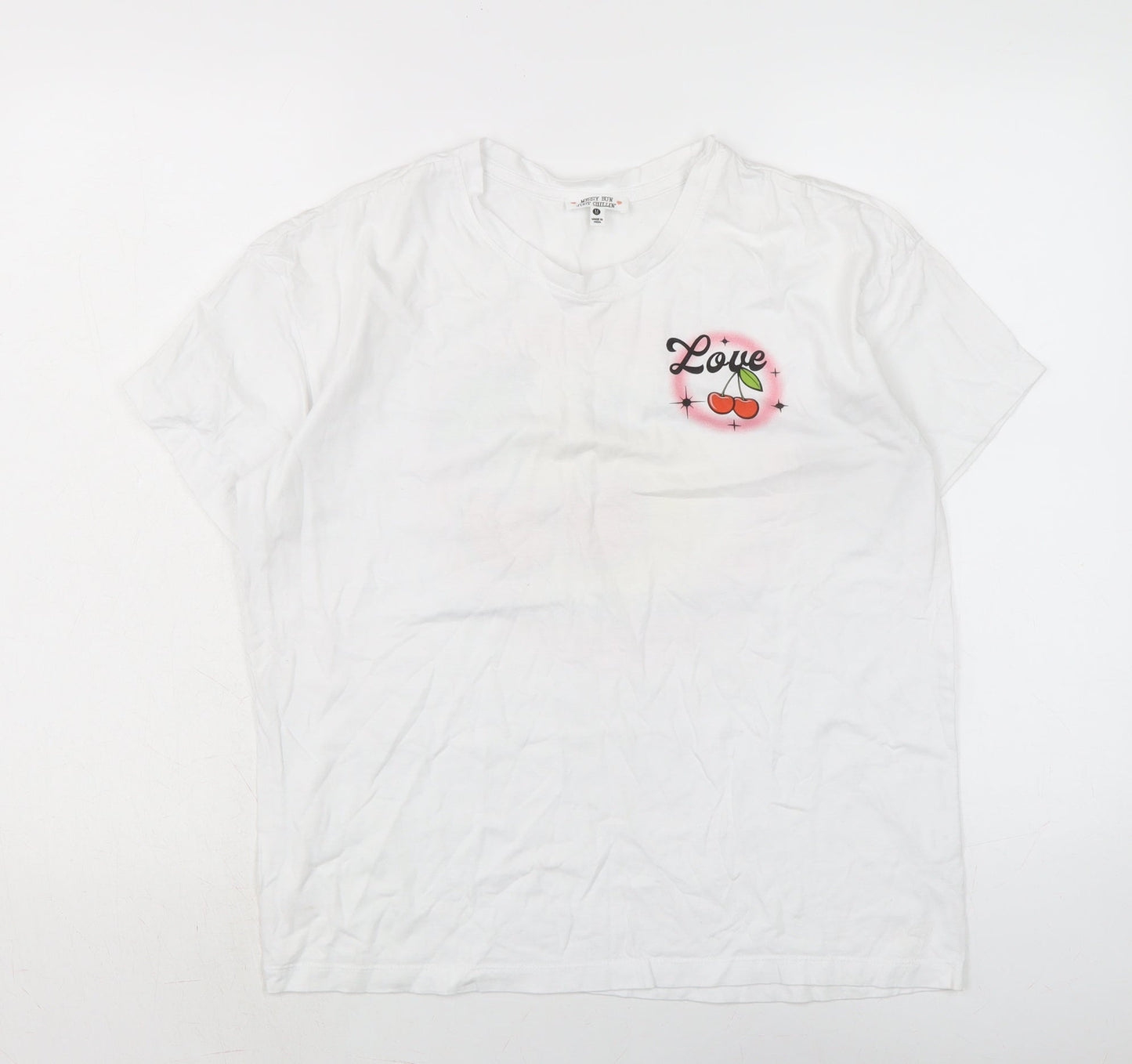 Messy Bun Womens White Cotton Basic T-Shirt Size M Crew Neck