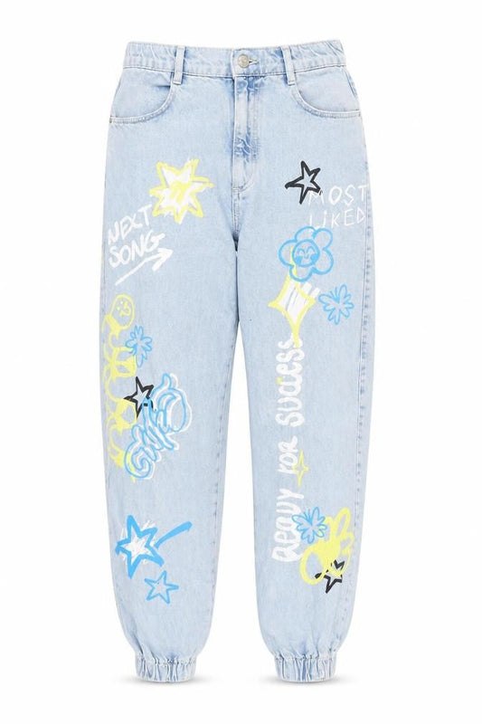 Bershaka Womens Blue Cotton Tapered Jeans Size 8 L28 in Extra-Slim Zip - Graphics to font and back.