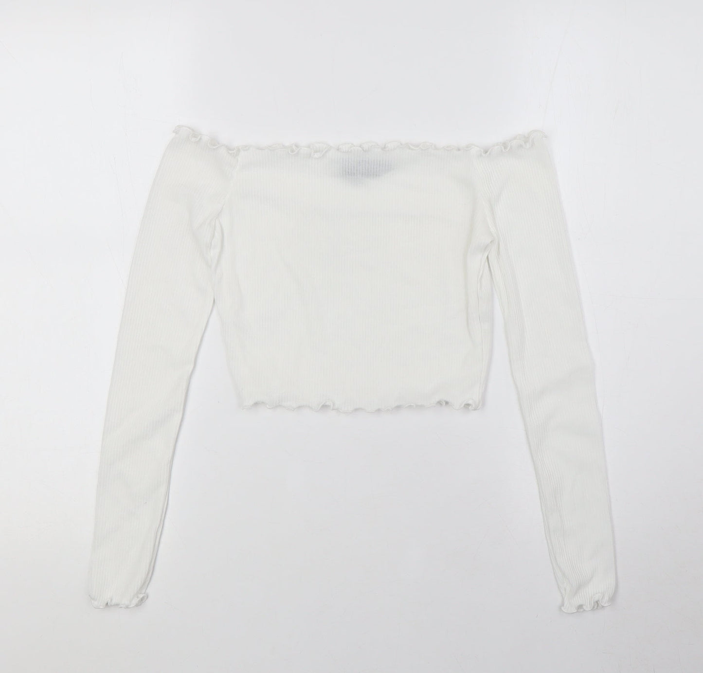 PRETTYLITTLETHING Womens White Polyester Basic Blouse Size 6 Off the Shoulder - Ribbed