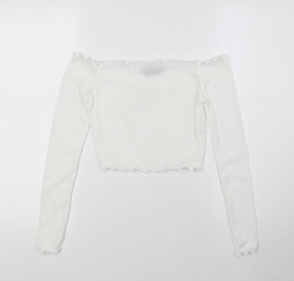 PRETTYLITTLETHING Womens White Polyester Basic Blouse Size 6 Off the Shoulder - Ribbed