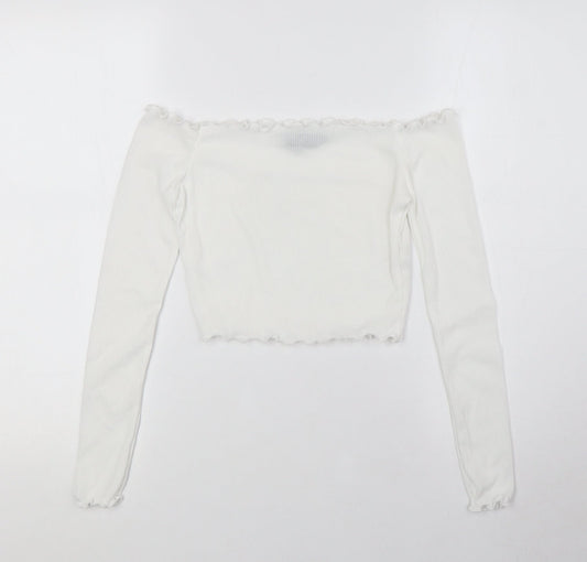 PRETTYLITTLETHING Womens White Polyester Basic Blouse Size 6 Off the Shoulder - Ribbed