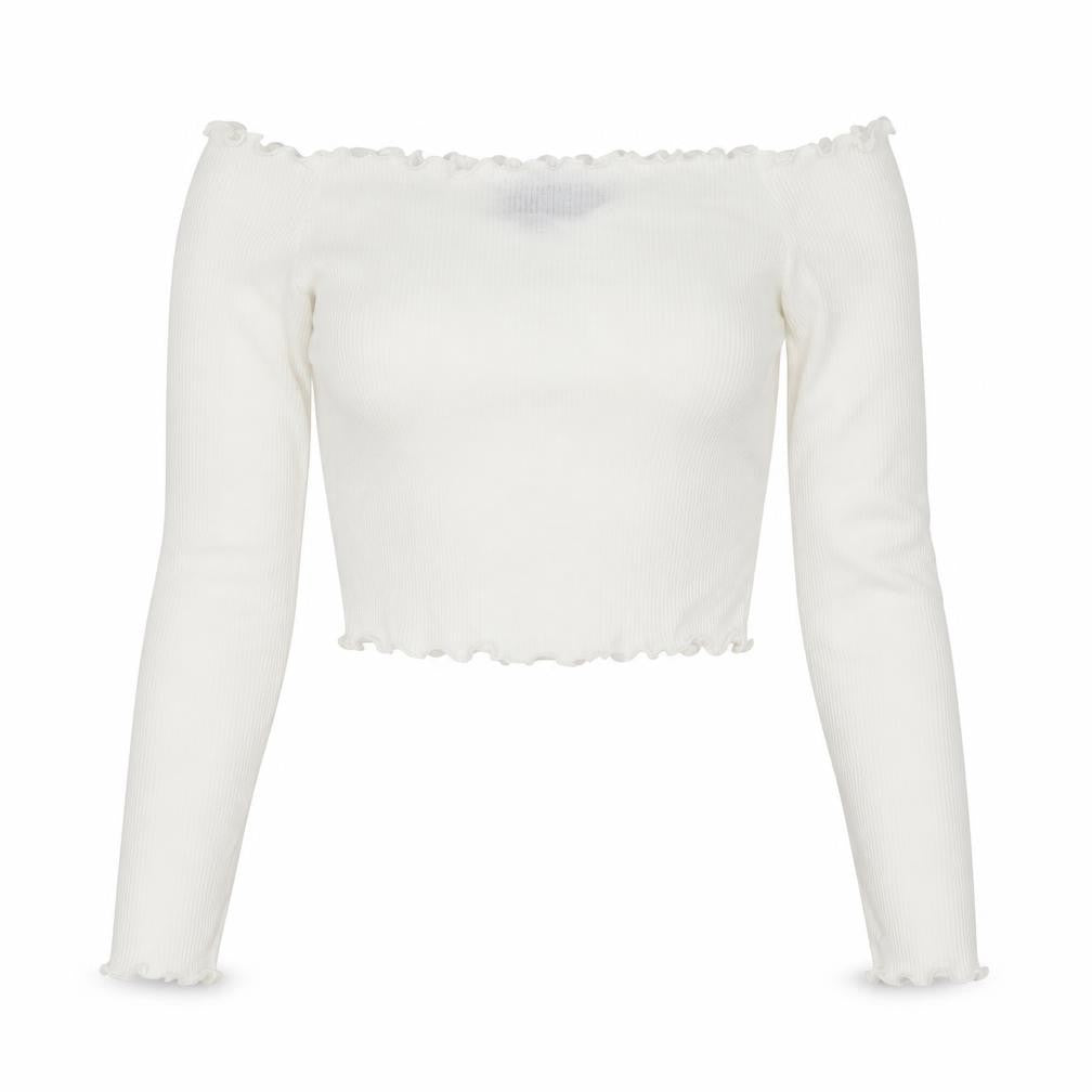 PRETTYLITTLETHING Womens White Polyester Basic Blouse Size 6 Off the Shoulder - Ribbed