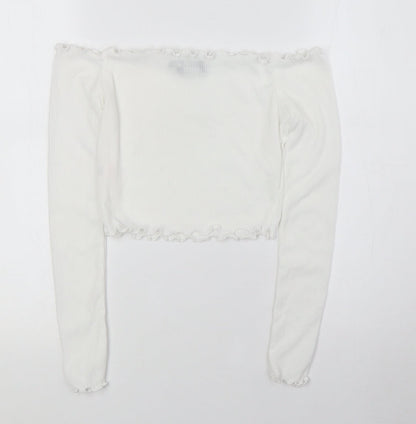 PRETTYLITTLETHING Womens White Polyester Basic Blouse Size 6 Off the Shoulder - Ribbed