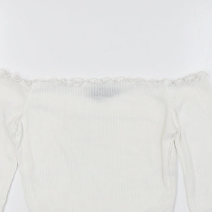PRETTYLITTLETHING Womens White Polyester Basic Blouse Size 6 Off the Shoulder - Ribbed