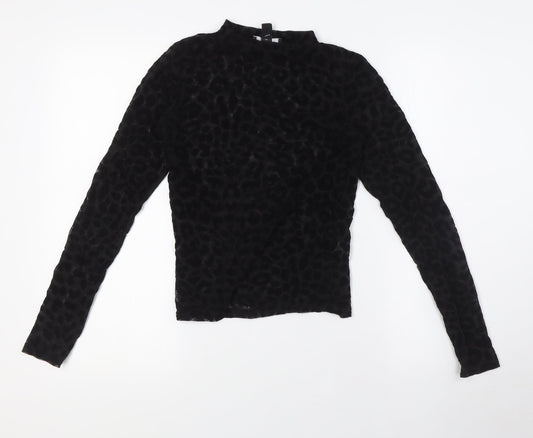 New Look Womens Black Animal Print Polyester Basic T-Shirt Size 8 Mock Neck