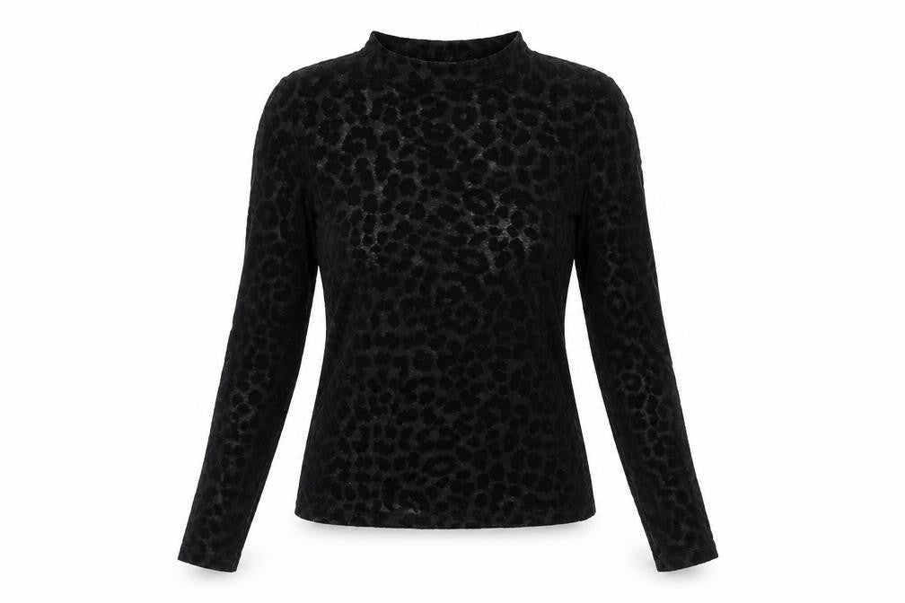 New Look Womens Black Animal Print Polyester Basic T-Shirt Size 8 Mock Neck