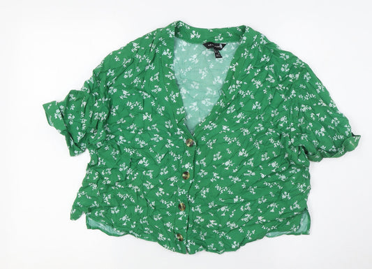 New Look Womens Green Floral Viscose Basic Button-Up Size 12 V-Neck