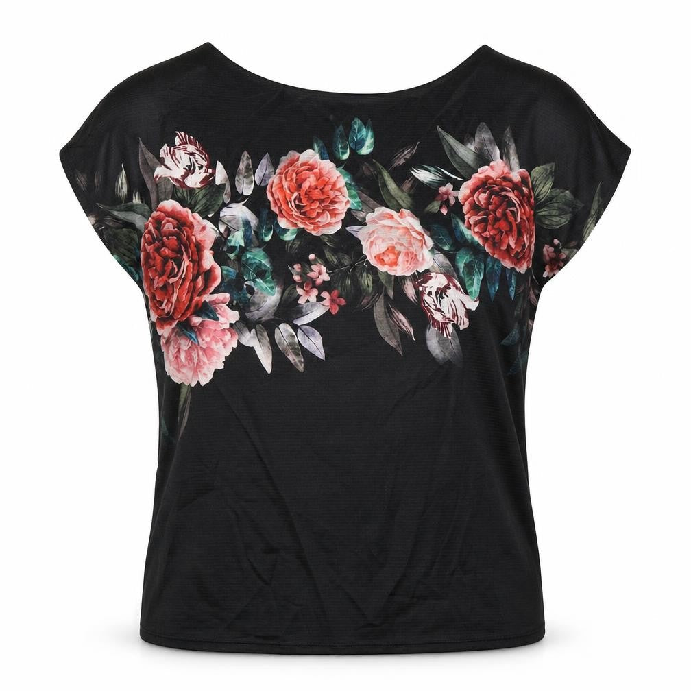 Marks & Spencer Womens Black Floral Polyester Basic T-Shirt Size 10 Boat Neck