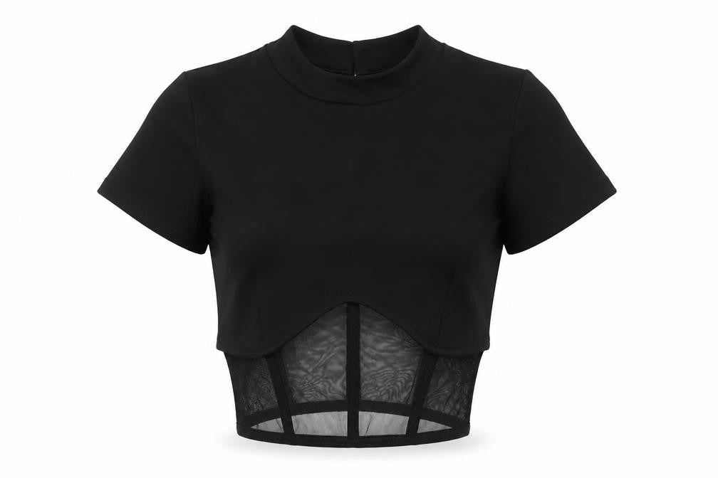 Paradise Chick Womens Black Polyester Basic Blouse Size S Round Neck - Sheer Waist