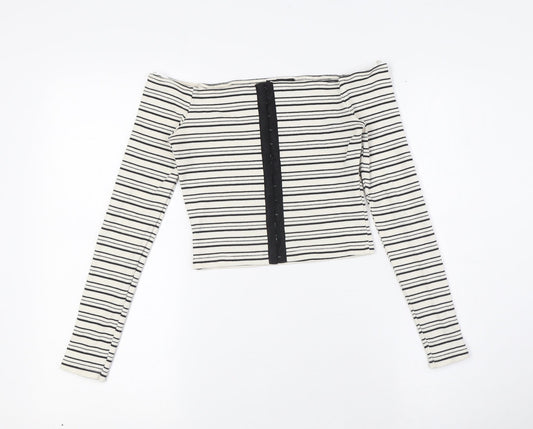 Topshop Womens Ivory Striped Cotton Basic Button-Up Size 8 Off the Shoulder