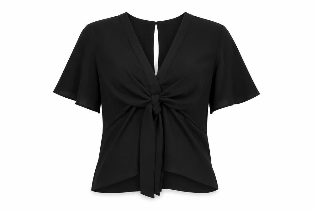 ADLIB Womens Black Polyester Basic Blouse Size 8 V-Neck - Knot Front