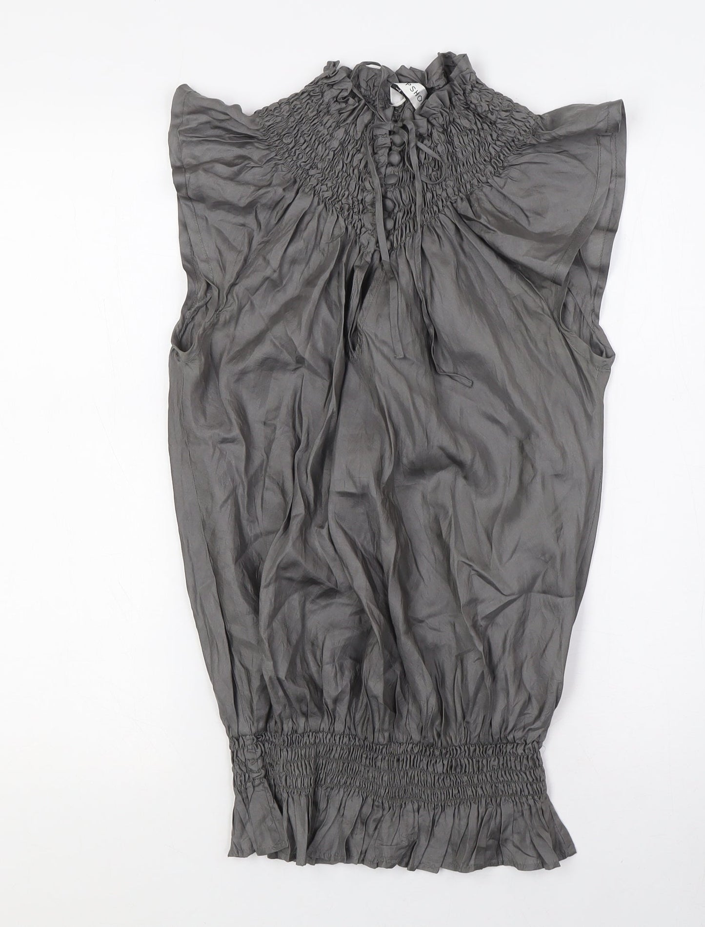 Topshop Womens Grey Silk Basic Blouse Size 8 Mock Neck - Open Back, Smocked Collar and Waist Band