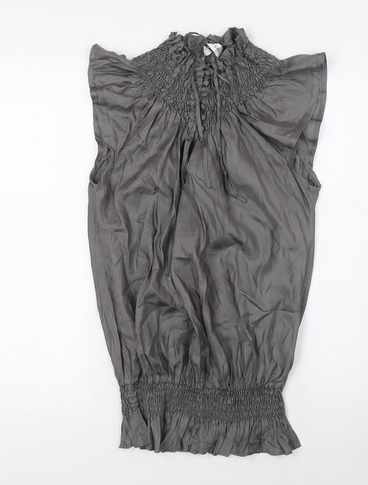 Topshop Womens Grey Silk Basic Blouse Size 8 Mock Neck - Open Back, Smocked Collar and Waist Band