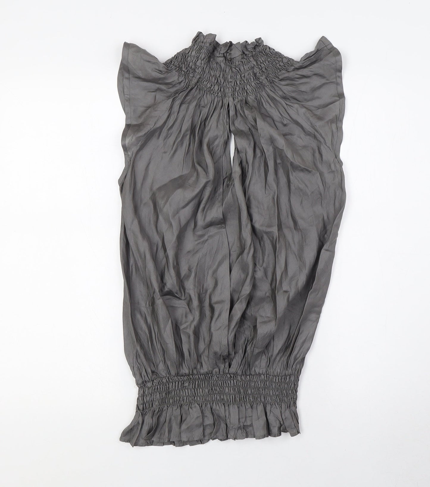 Topshop Womens Grey Silk Basic Blouse Size 8 Mock Neck - Open Back, Smocked Collar and Waist Band