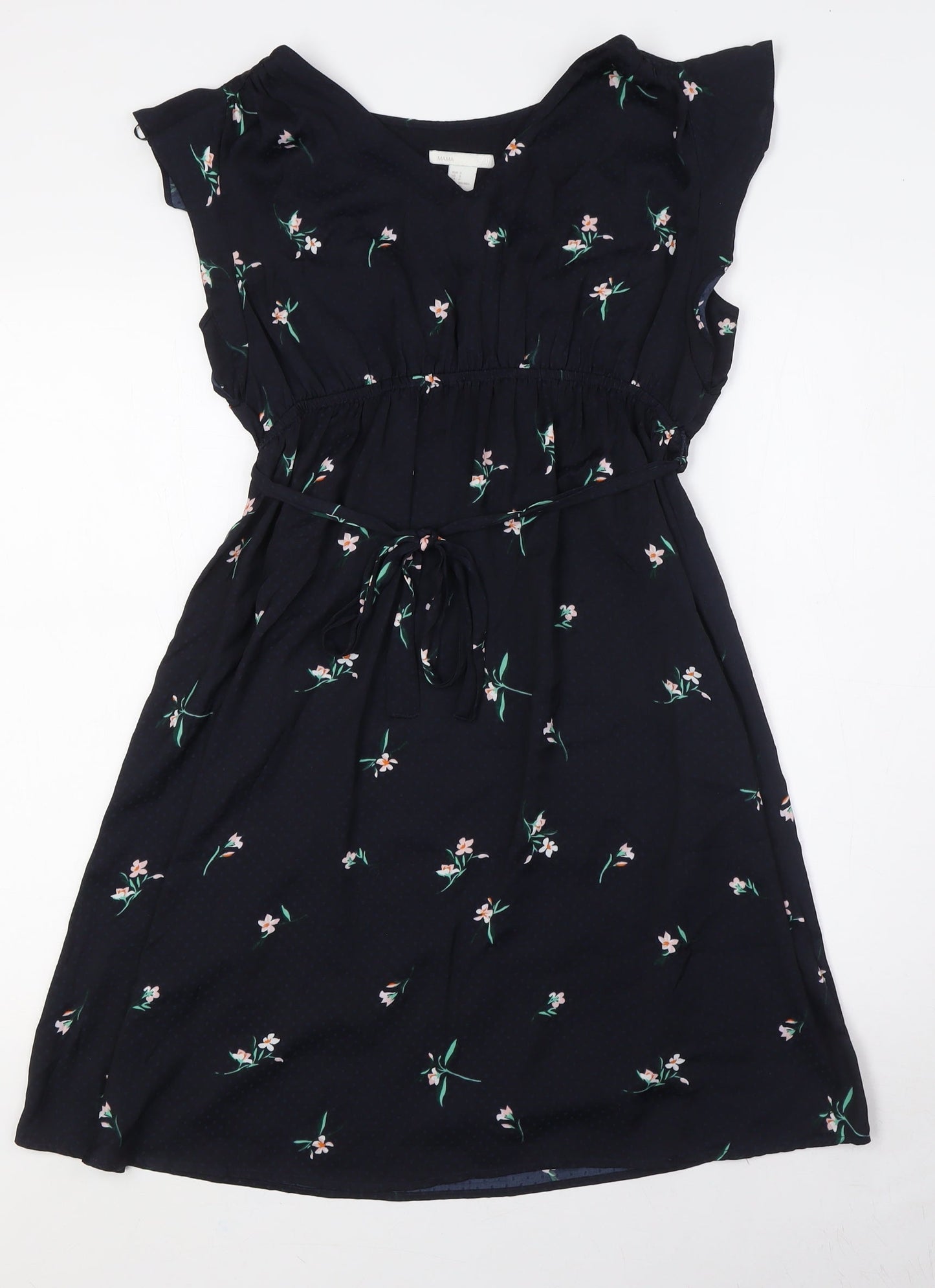 H&M Womens Blue Floral Polyester A-Line Size S V-Neck - Belted