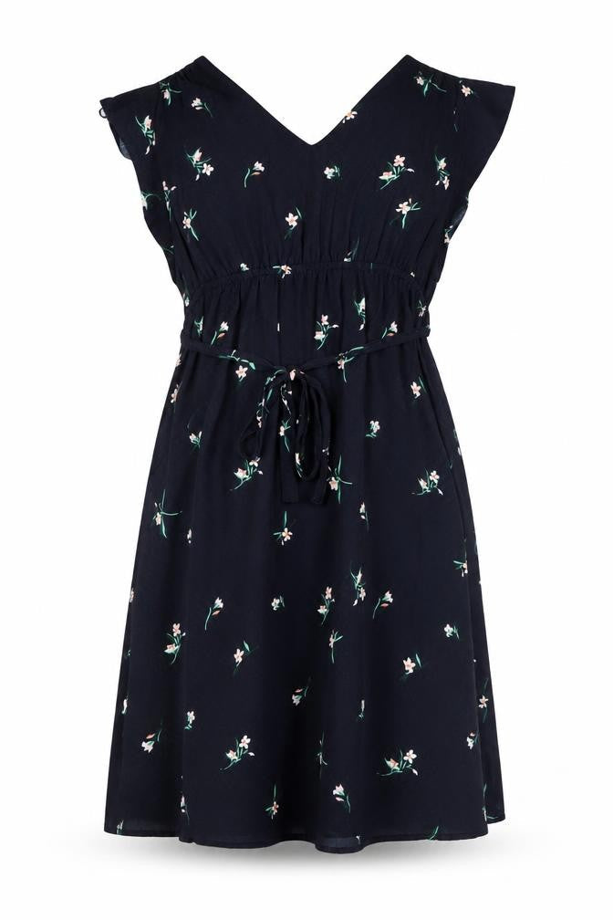 H&M Womens Blue Floral Polyester A-Line Size S V-Neck - Belted