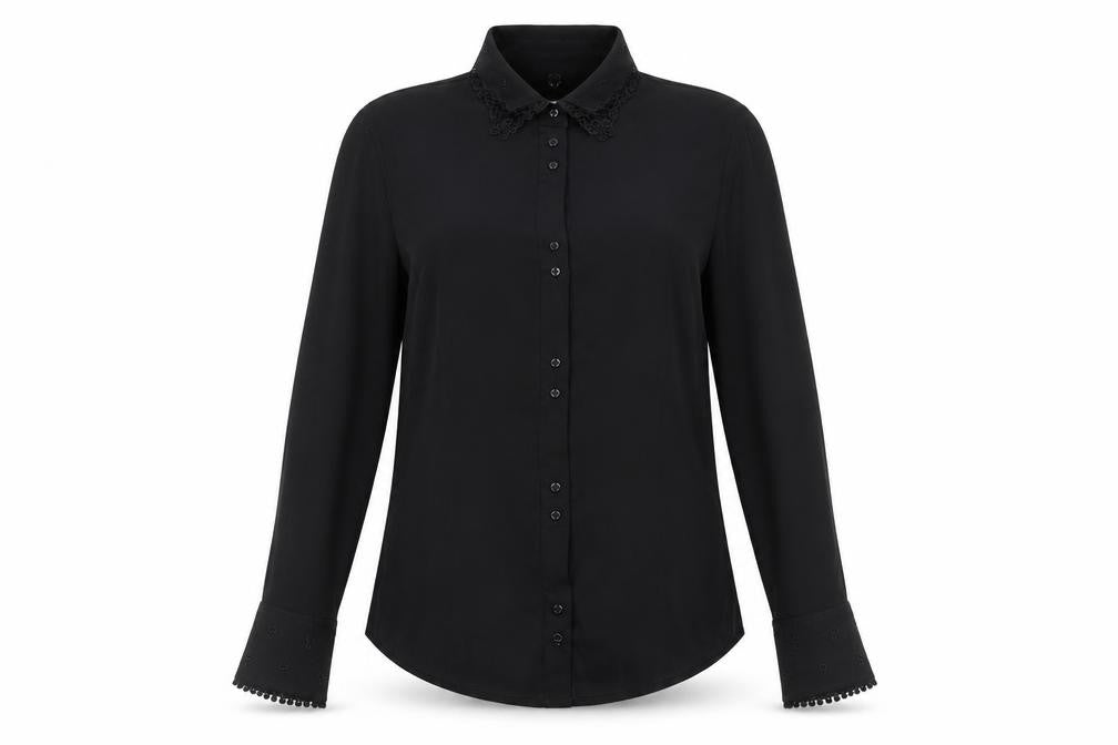 Ti MO Womens Black Silk Basic Button-Up Size M Collared - Embellished Collar