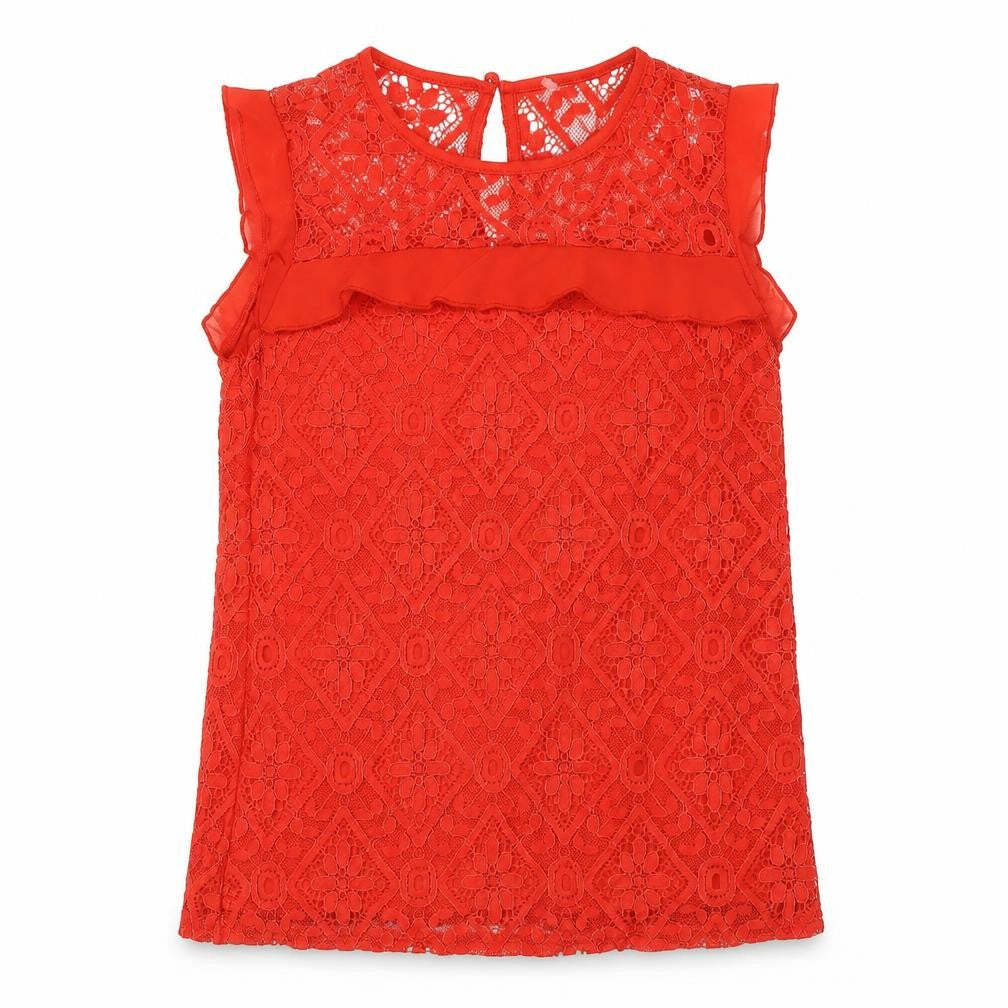 Oasisr Womens Red Nylon Basic Blouse Size 6 Round Neck - Lace Overlay