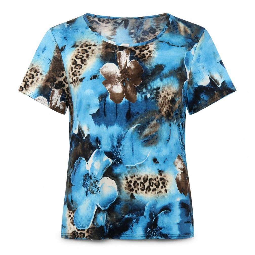 Tru Collection Womens Blue Floral Polyester Basic T-Shirt Size 14 Round Neck