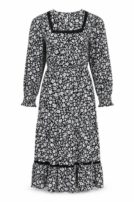 Marks & Spencer Womens Black Floral Viscose A-Line Size 10 Round Neck Button