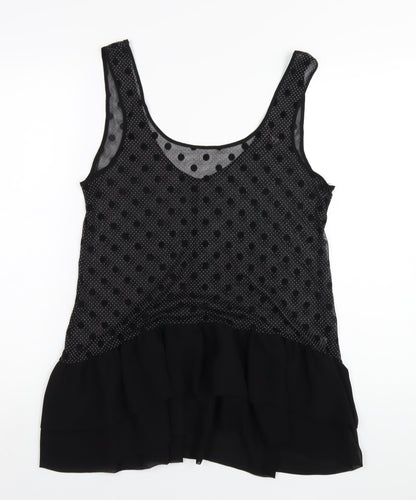Additional front view of Miss Selfridge women’s black polka dot polyester basic tank, size UK 12, scoop neck