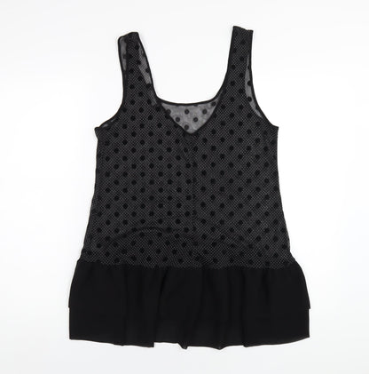 Back view of Miss Selfridge women’s black polka dot polyester basic tank, size UK 12, scoop neck