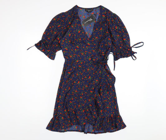 Wednesday's Girl Womens Blue Polyester Wrap Dress Size XS V-Neck Tie