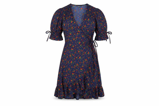Wednesday's Girl Womens Blue Polyester Wrap Dress Size XS V-Neck Tie