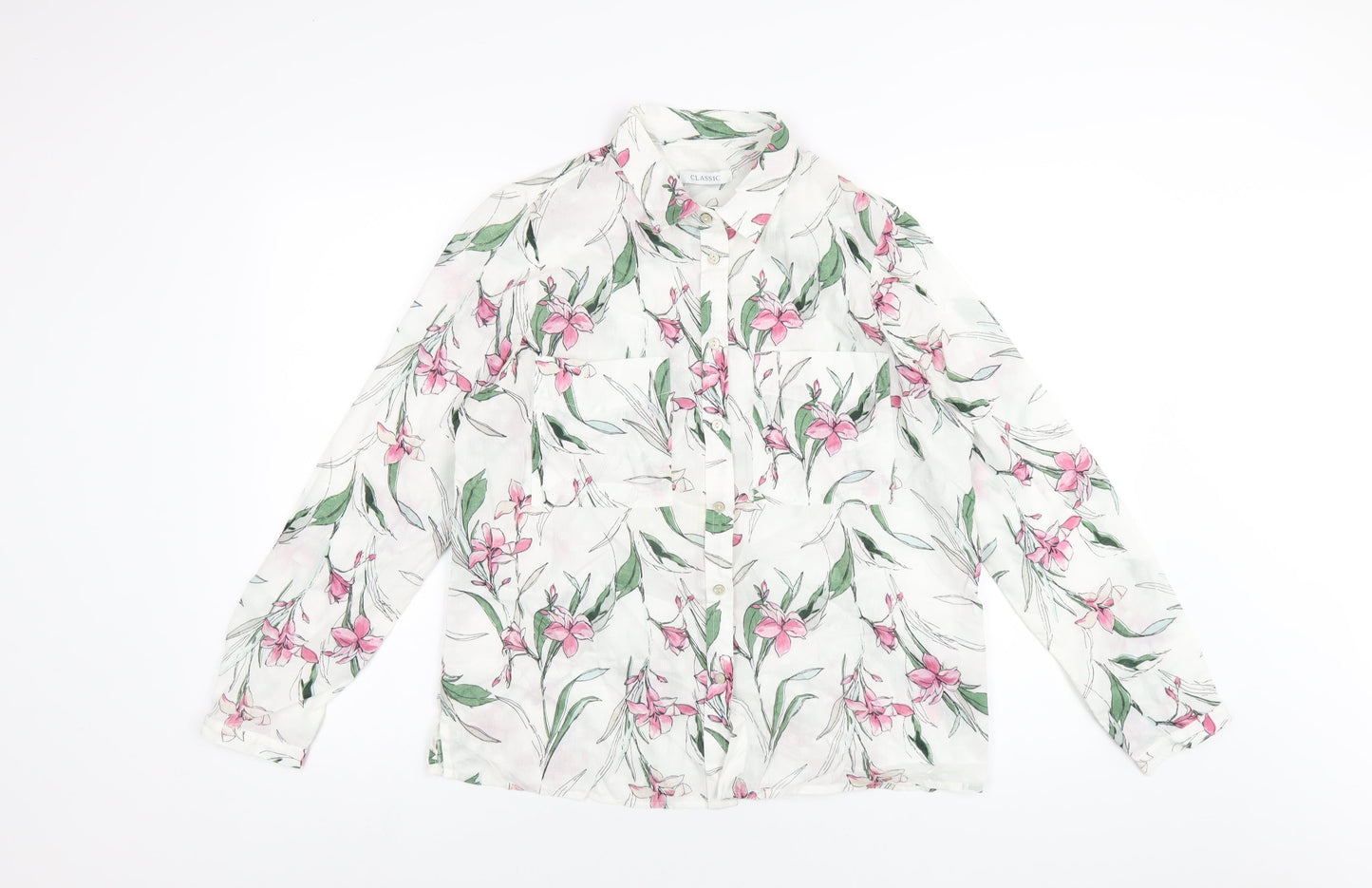 Classic Womens White Floral Cotton Basic Button-Up Size 12 Collared