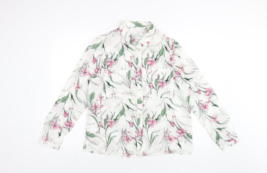 Classic Womens White Floral Cotton Basic Button-Up Size 12 Collared