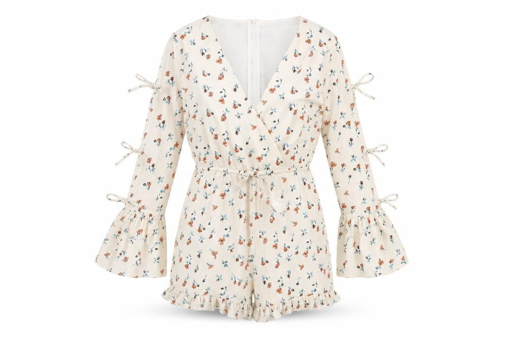 PRETTYLITTLETHING Womens Ivory Floral Polyester Playsuit One-Piece Size 4 Zip