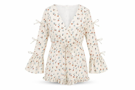 PRETTYLITTLETHING Womens Ivory Floral Polyester Playsuit One-Piece Size 4 Zip