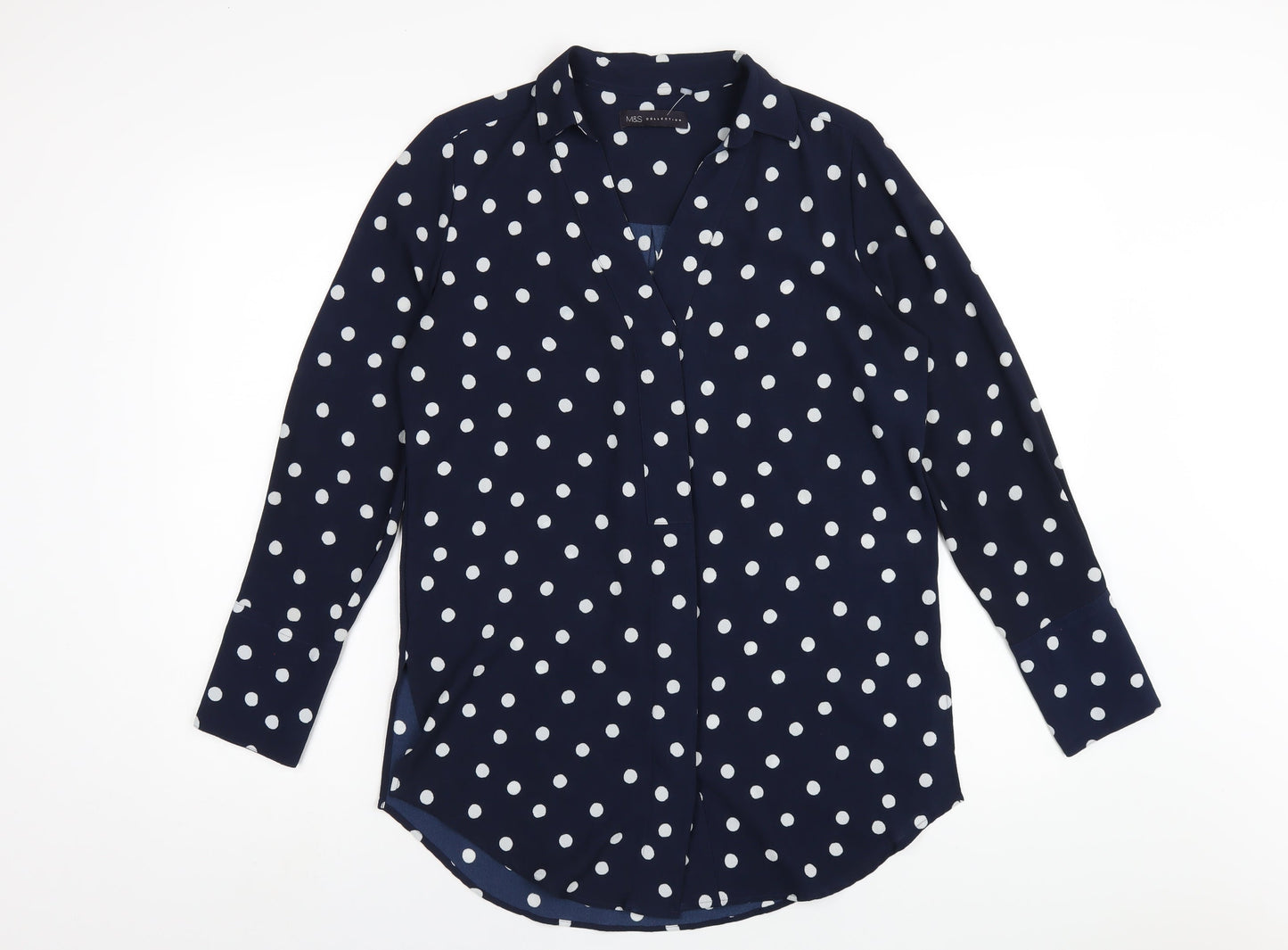 Marks and Spencer Womens Blue Polka Dot Polyester Basic Blouse Size 8 Collared