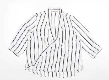 Marks & Spencer Womens White Striped Polyester Basic Blouse Size 14 V-Neck
