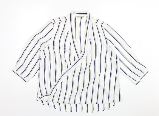 Marks and Spencer Womens White Striped Polyester Basic Blouse Size 14 V-Neck